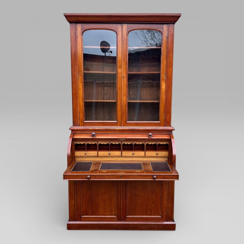 Antique Victorian Walnut Cylinder Bureau Bookcase With Writing Desk & Cupboard - Image 5